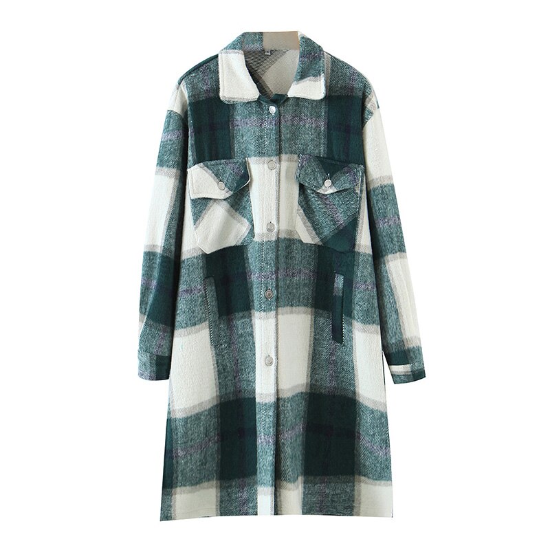 Aachoae dames lange geruite jas met omslagkraag, casual dames wollen jassen, vleermuismouwen, losse zakken, herfst/lente: Groente / S