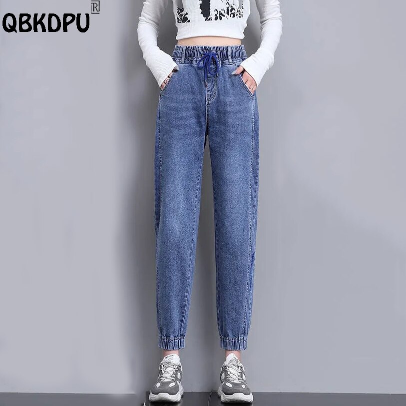 Ankle Length Harem Jeans Women Casual Elastic High Waist Denim Pants Streetwear Drawstring jogger Pants female