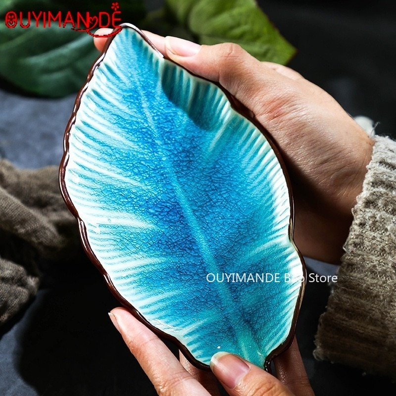 Japonés hielo Crack forma de hoja de cerámica, platos para aperitivos placa bajo esmalte de porcelana de la placa de la cena salsa picante plato de Sushi, torta bandeja