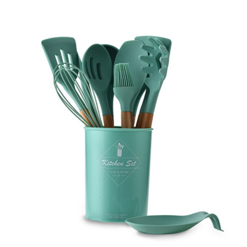 12/11PCS White Silicone Kitchenware Cooking Utensils Set Heat resistant Non-Stick Pan Cooking Spatula Spoon Wooden Handle: Green