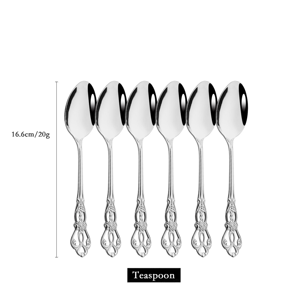 6-24pcs Luxury Wedding Silverware set Silver Dinnerware Knife Fork Tea Spoon Retro Kitchen Flatware Tableware Cutlery Rack Set: 6Pcs Teaspoom