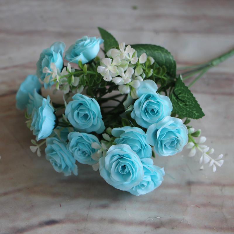 Pretty Charming Wedding Decoration 15 Buds 1 Bouquet Mini Rose Artificial Silk Flower Bride Bridal Home Decal: Blue