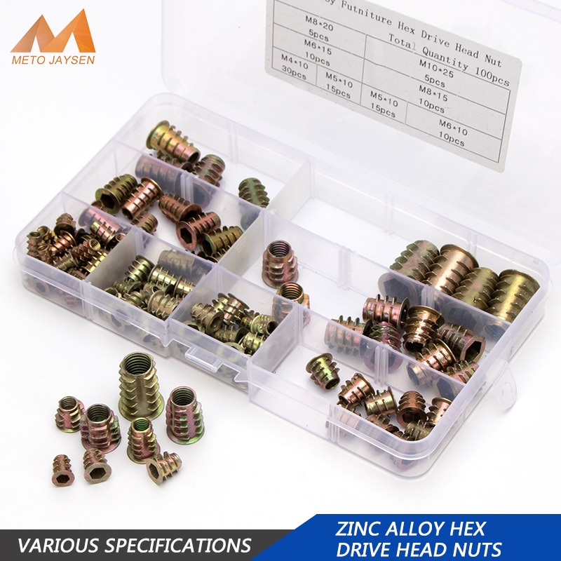 100 stuks zinklegering  m4 m5 m6 m8 m10 zeskant aandrijfkop moeren zinkmoerenset houten meubels meerdere maten verzinkte moeren assortimentset