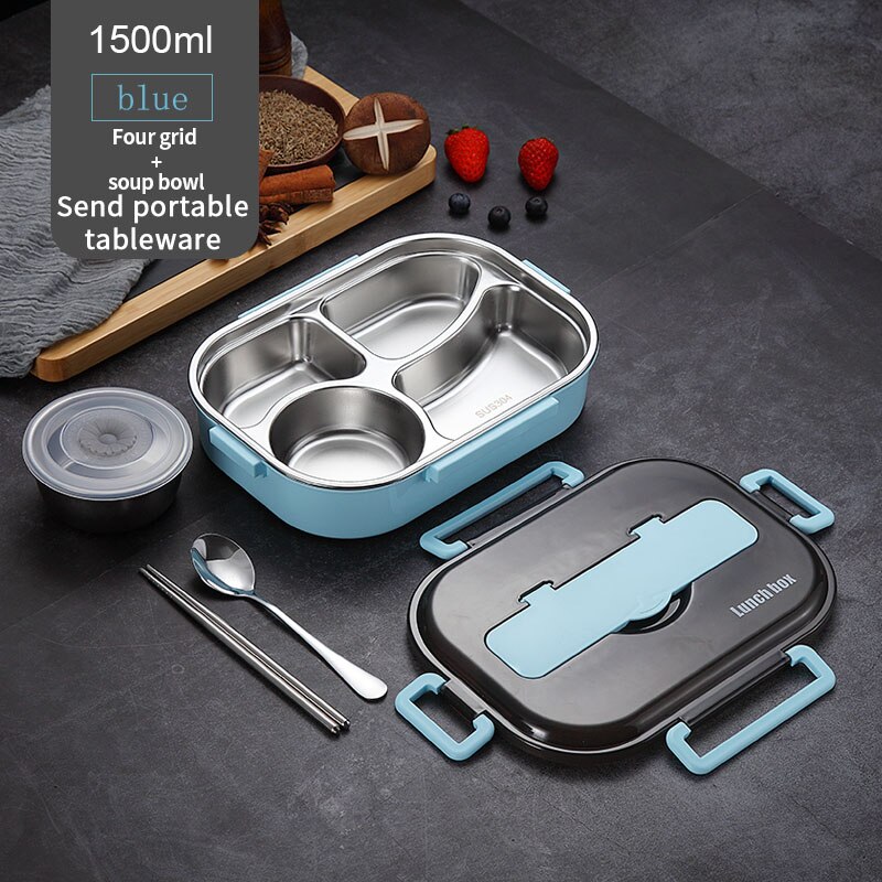 WORTHBUY Japanese Kids Lunch Box With Tableware Bowl 304 Stainless Steel Food Container With Compartments Microwave Bento Box: Blue