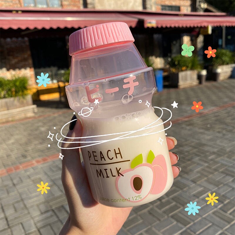 480ml Plastic Water Bottle Tour Drinking Bottle Yakult Shape Cute Kawaii Milk Carton Shaker Bottle for Kids/Girl/Adult BPA Free: Transparent Peach
