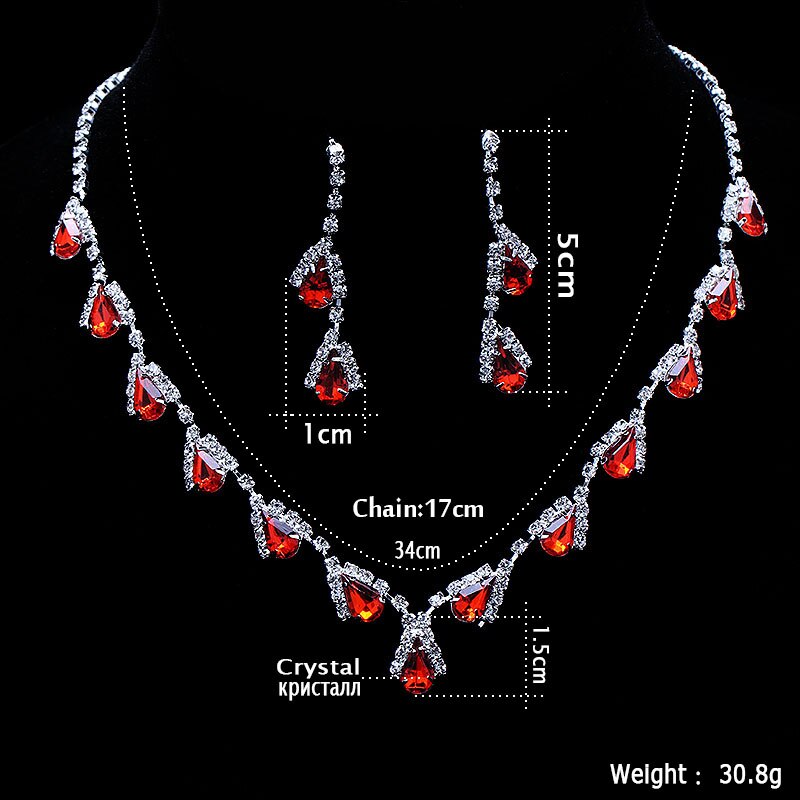 TREAZY – ensemble de bijoux de mariée, collier ras du cou, boucles d&#39;oreilles, goutte d&#39;eau, cristal rouge , ensemble de bijoux de demoiselle d&#39;honneur, fête de mariage