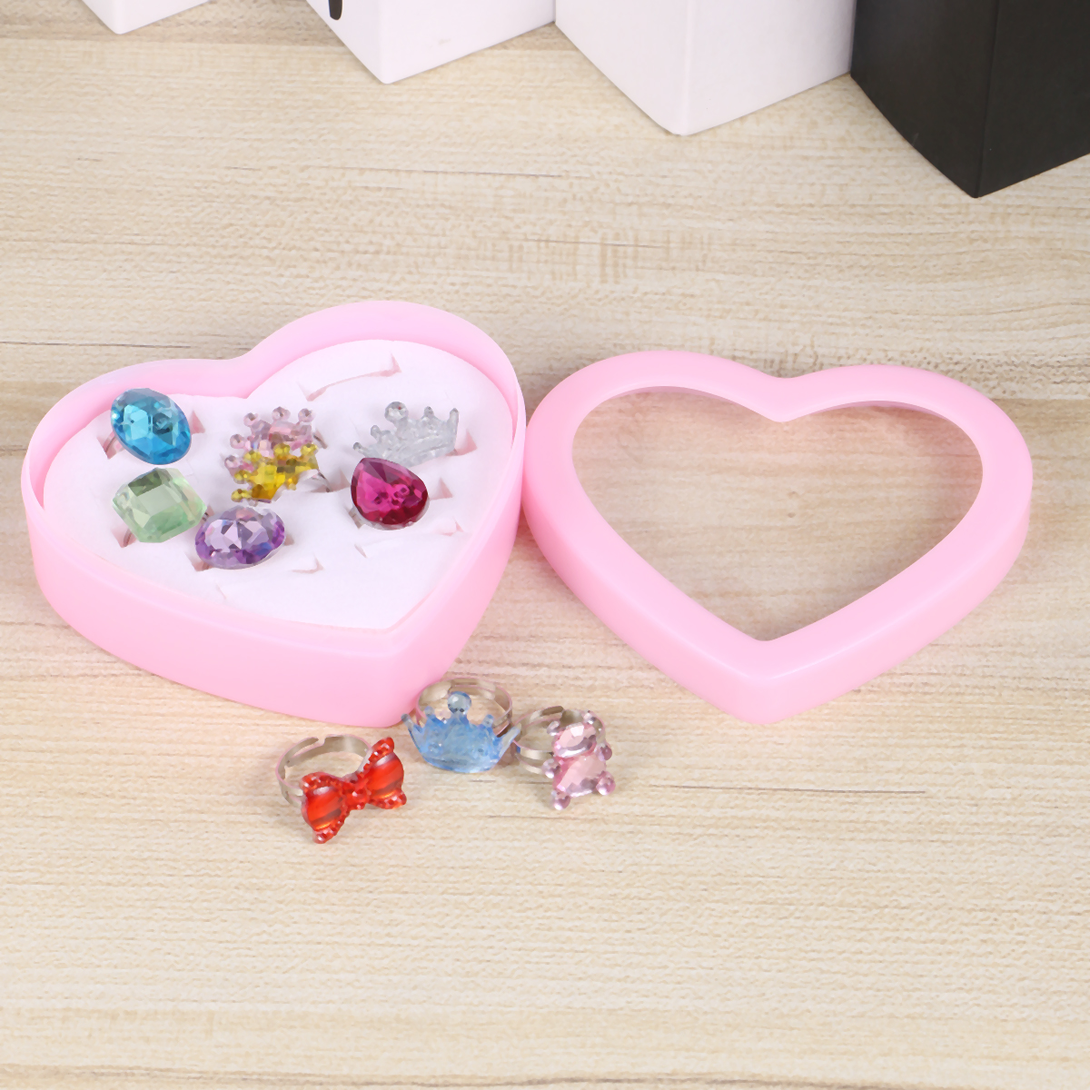 10 acryl-diamantringe in herzform, verpackt in einer schachtel, #39 -diamantringe für mädchen