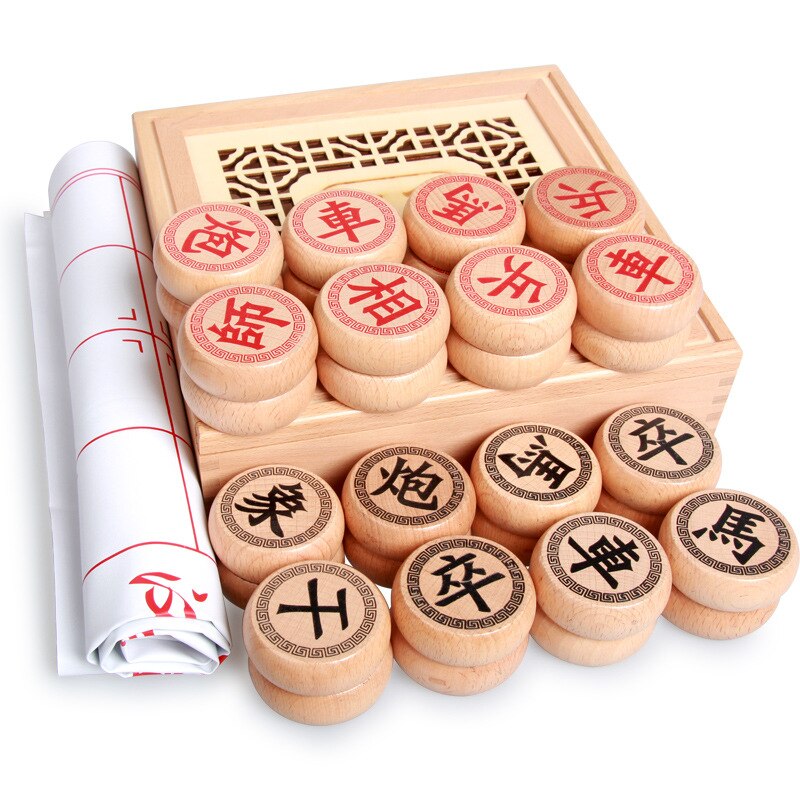 High-End Houten Chinees Schaken Grote Stukken-Xiangqi Familie Reizen Board Game Set Met Pu Lederen Dambord Voor 2 Spelers