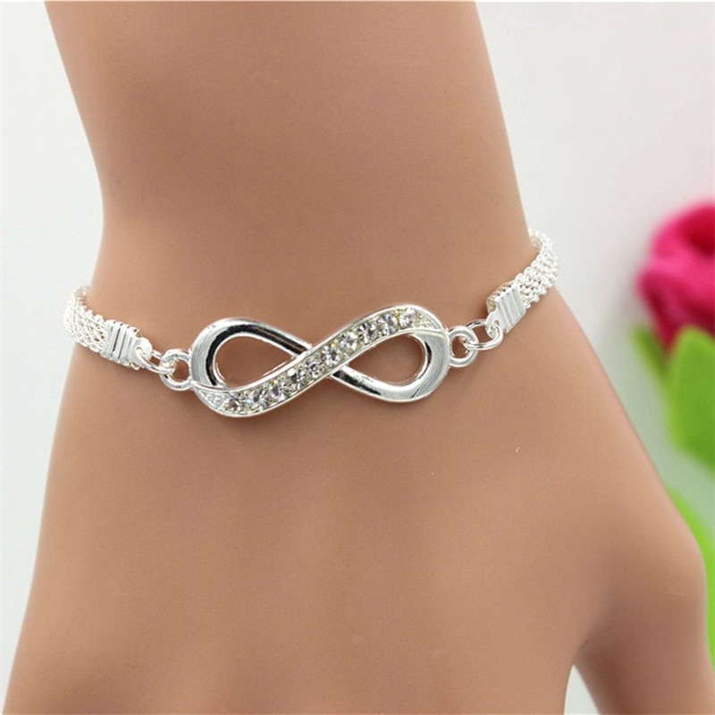 Pulseira infinita banhada à prata, corrente de liga de zinco com strass, pulseira para homens e mulheres, joias da moda