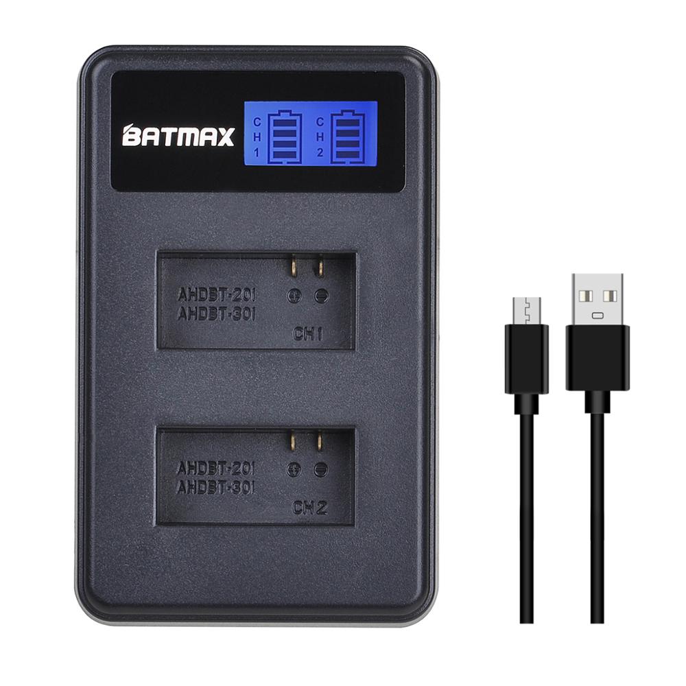 2 uds. De batería AHDBT-301 + cargador Dual LCD USB para GoPro Hero3 Hero3 + hero 3 hero 3 + baterías para cámara negra: Charger