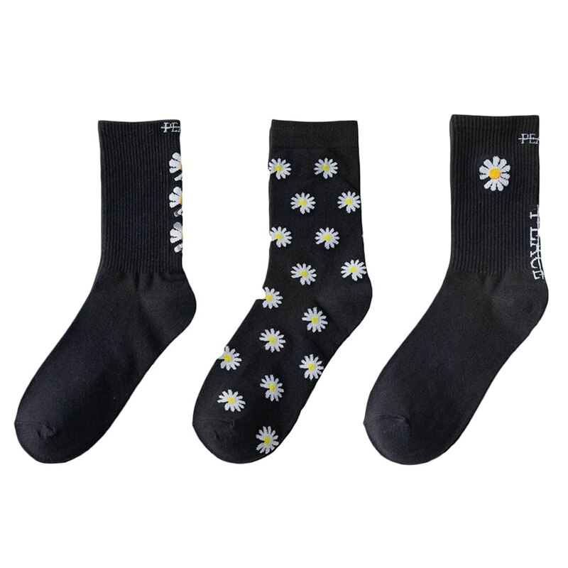 1pair Spring Summer Long Tube Cotton Socks Sweat-absorbent Casual Sports Socks Small Daisy Black Breathable Tube Socks