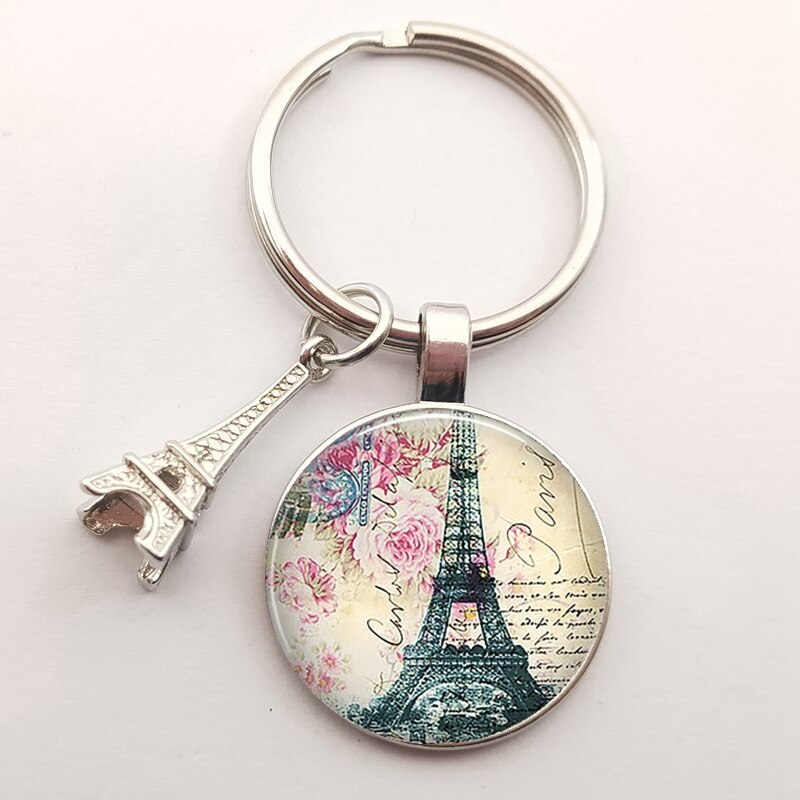 Romantic Paris Eiffel Tower Key Chains Art Lady Wander Drawing Glass Pendant Cute Keychain Keyring Women Bag Jewelry