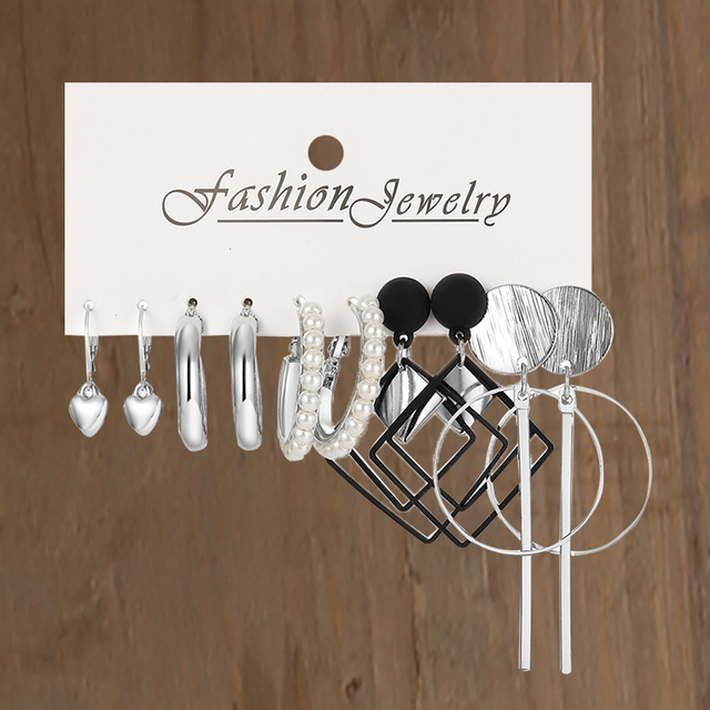 Silver Color Pearl Twist Hoop Earrings Set For Women Jewelry pendientes Vintage Circle Geometric Dangle Earrings Trendy: Black Zinc Plated