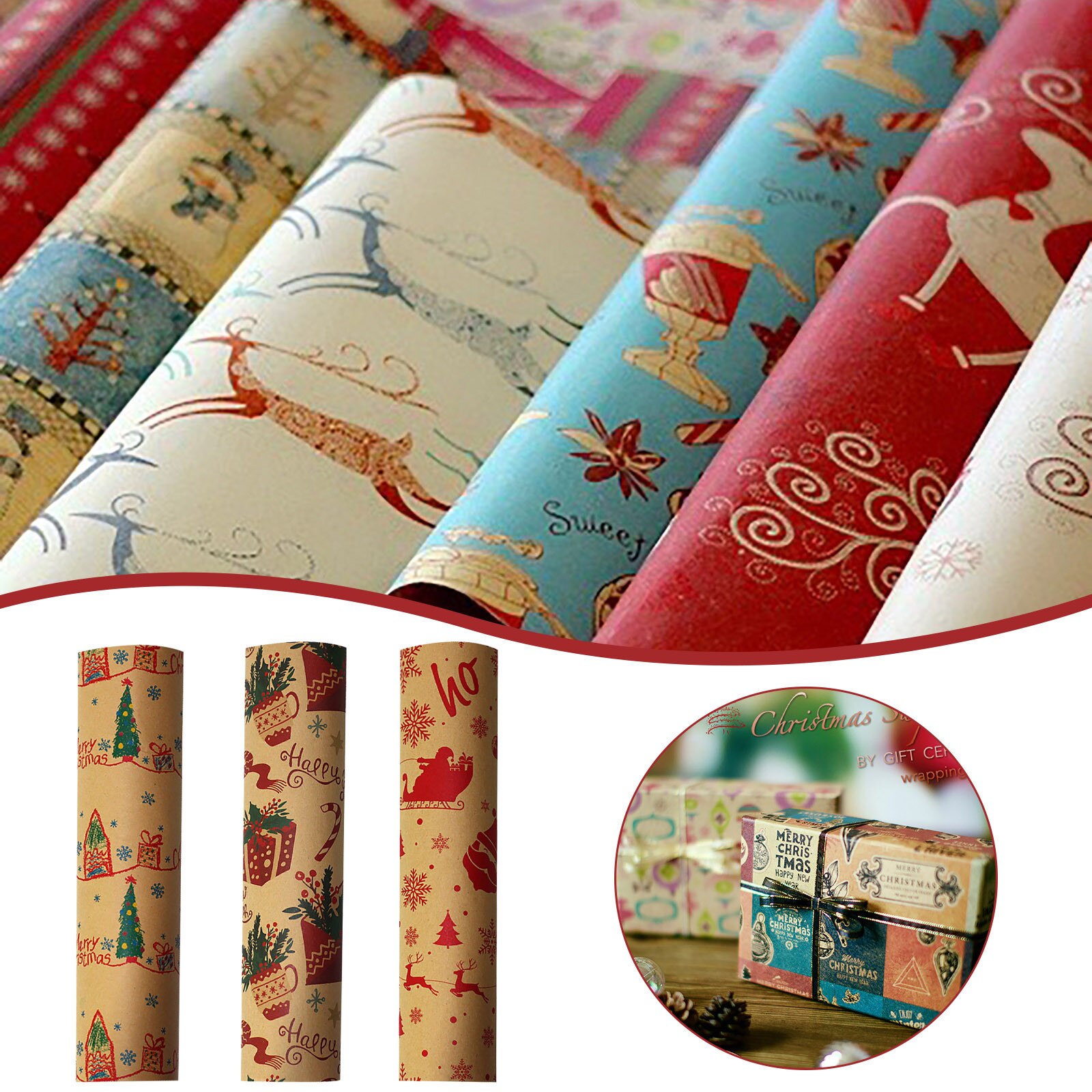 Rollo de papel Kraft para impresión navideña, manualidades, artístico, papel decorativo, decoración del hogar, suministro festivo para # P5