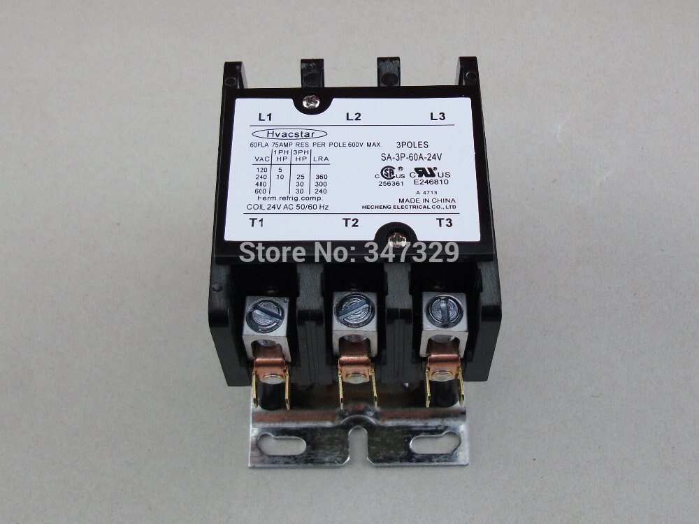 Hvacstar SA-3P-60A-24V Definite Purpose Contactor 3Poles 60FLA 24V AC Coil , DP Contactor, Air Conditioner Contactor