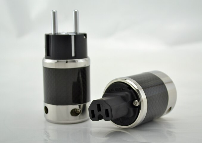 Paire haut de gamme en Fiber de carbone plaqué Rhodium câble d'alimentation ca IEC connecteur femelle Hifi 2 broches EU EUR schuko prise de courant