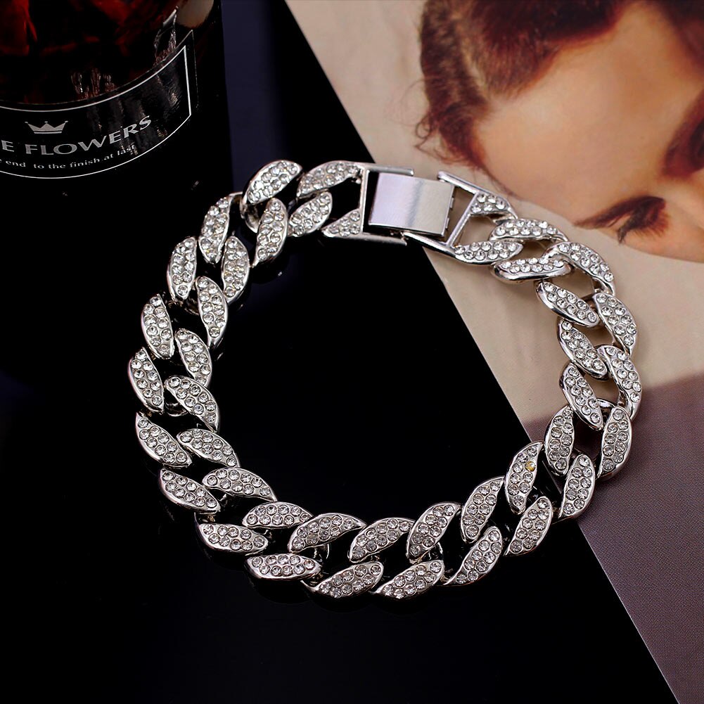 Mode Chunky Metalen Ketting Enkelband Voor Vrouwen Mannen Rhinestone Goud Zilver Kleur Cubaanse Voet Armband Punk Hip Hop Rock sieraden: J005002SL