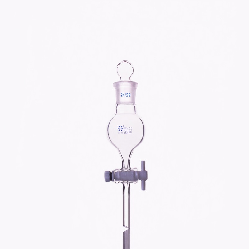 Separatory funnel globe shape,with ground-in glass stopper and stopcock 50ml 24/29,Single-mouth flask with PTFE switch valve