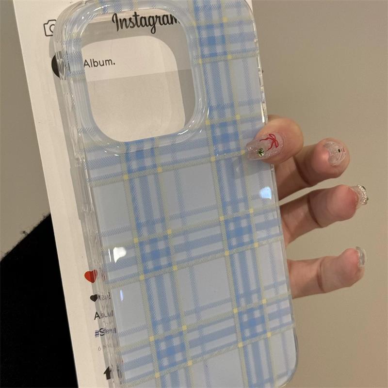 Ins koreaans mooi blauw geruit telefoonhoesje voor iphone 16 15 14 13 12 11 pro max 16e 7 8 plus x xr xs max se schokbestendige achterkant
