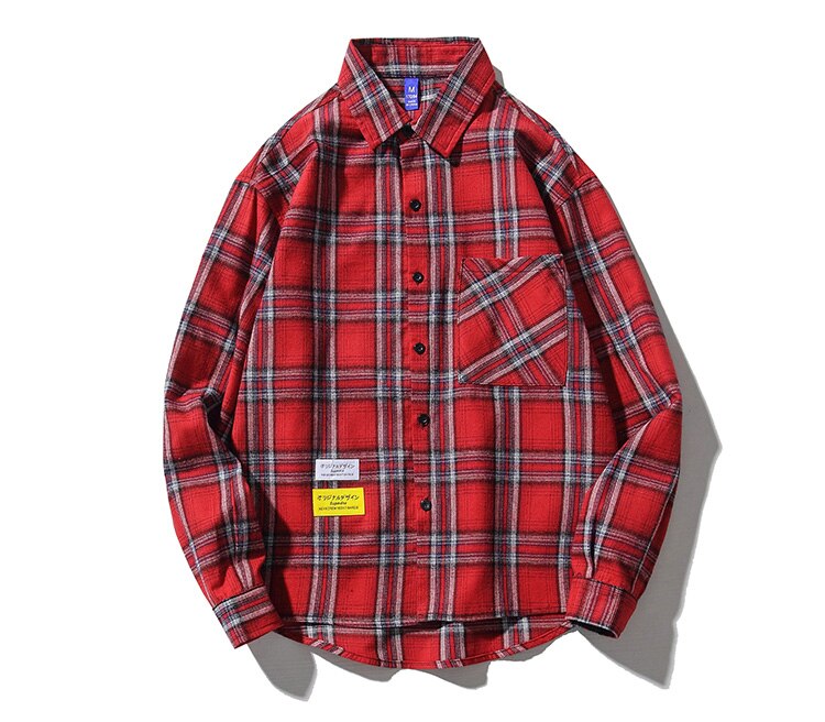 men's shirt loose single-breasted plaid shirt cotton long-sleeved casual spring and summer men's plus size shirt 5XL: Red / 5XL