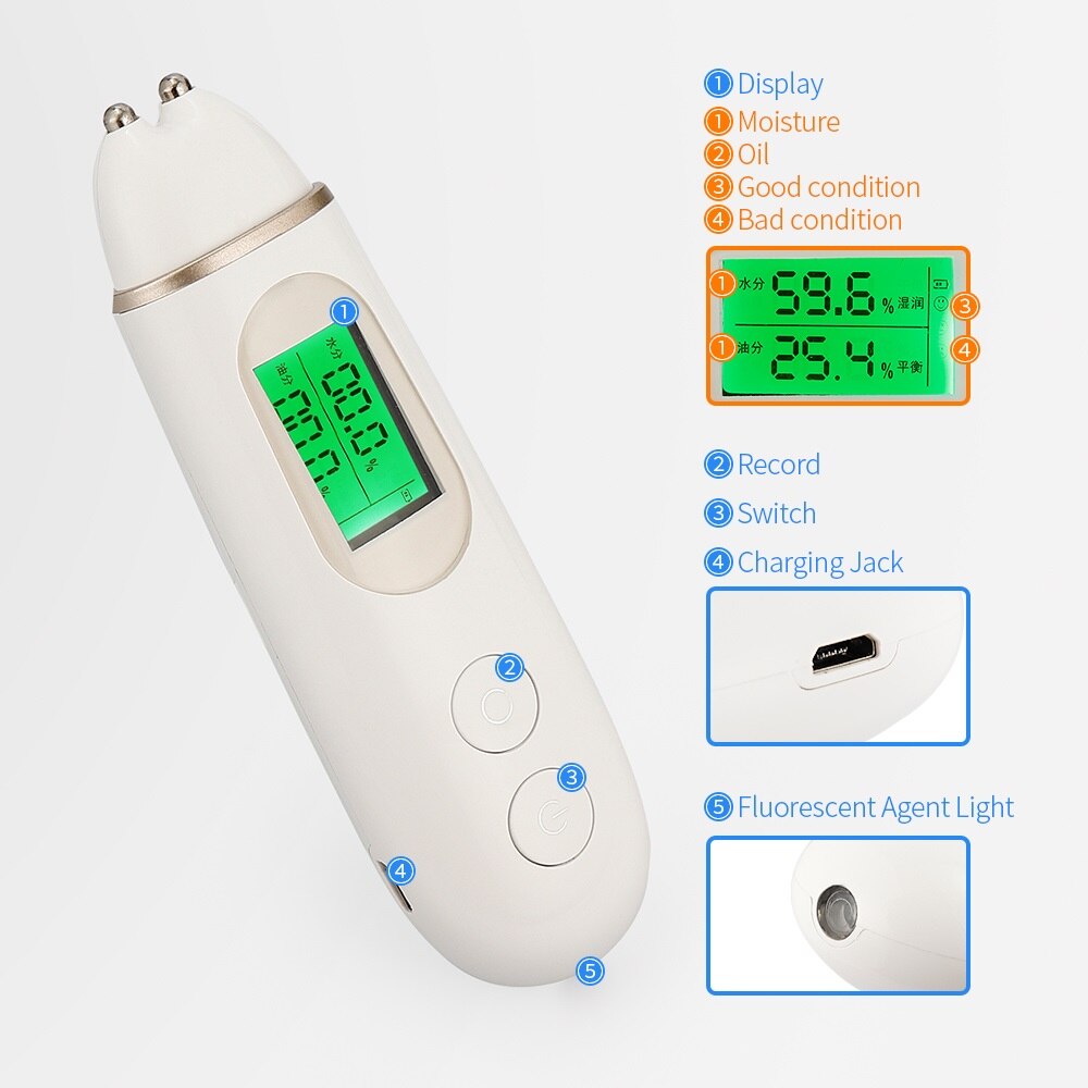 Skin Moisture Tester Digital Display Facial Skin Oil Elasticity White Analyzer Detect Fluorescent Agent USB Recharge Lady Beauty