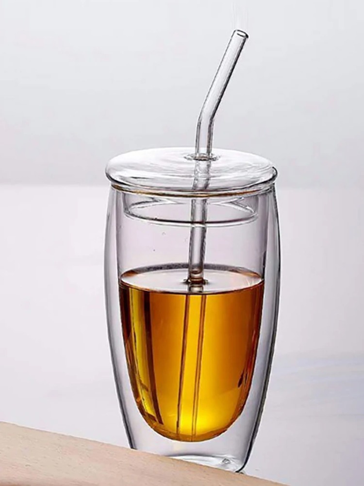 450ml Double-layer Glass Insulated Dessert Coffee Mug with Lid Straw Milk Jug Transparent Sealed Cup Drinkware