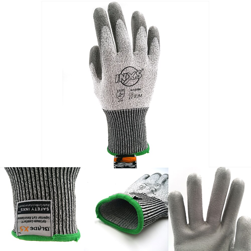 Guantes de trabajo resistentes a Cortes, Nivel 5, recubiertos de PU, calibre 13 para uso general. Potencia de agarre Superior en ambiente aceitoso y húmedo
