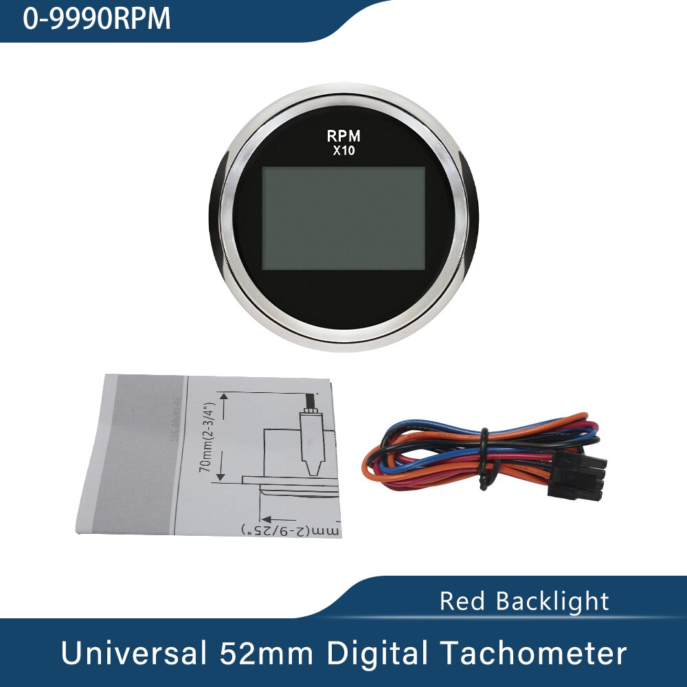 Waterproof Digital Tachometer REV Counter RPM Gauge with Hour Meter 9990RPM 52mm 9-32V Red Backlight for Car Boat Universal: BS