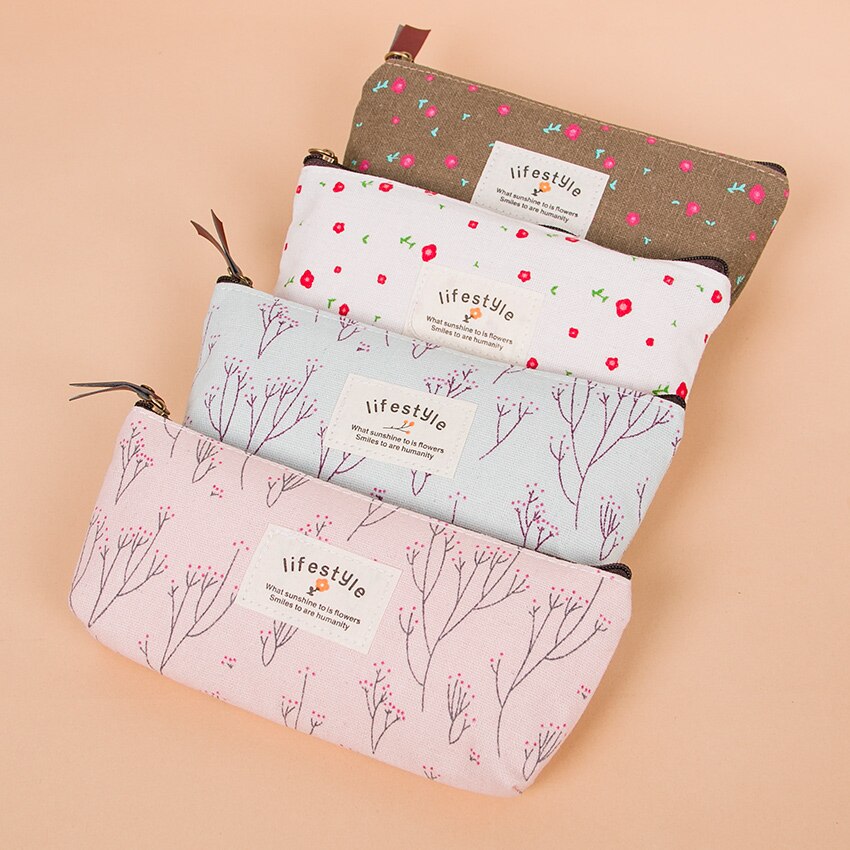 Cute Colorful Floral Flower Canvas Zipper Pencil Cases Lovely Fabric Flower Tree Pen Bags