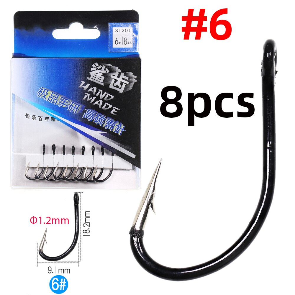 Jigeecarp-anzuelos de pesca de carpa de acero al carbono, anzuelos de pesca fuertes, tamaño 1 #-10 #, para pesca de carpa, 1 paquete: 8pcs size 6