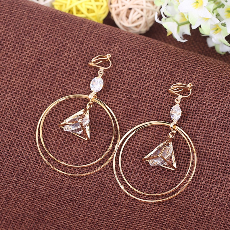 JIOFREE Simple Style Gold Color Zircon Clip on Earrings for Women Round Geometric Earrings Female Jewelry