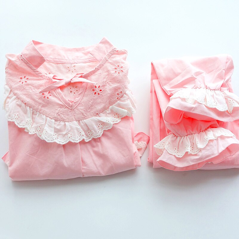 Spring Autumn Girls Pajamas Set Long Sleeve Cotton Lace Home Custome Pink Princess Children Sleeping Clothes
