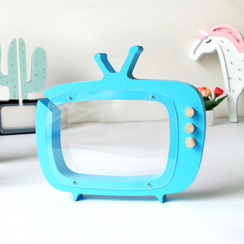 Moderne Houten Spaarpot Kinderkamer Decor Televisie Spaarpot Coin Bank Fotografie Props Creatieve: Blue