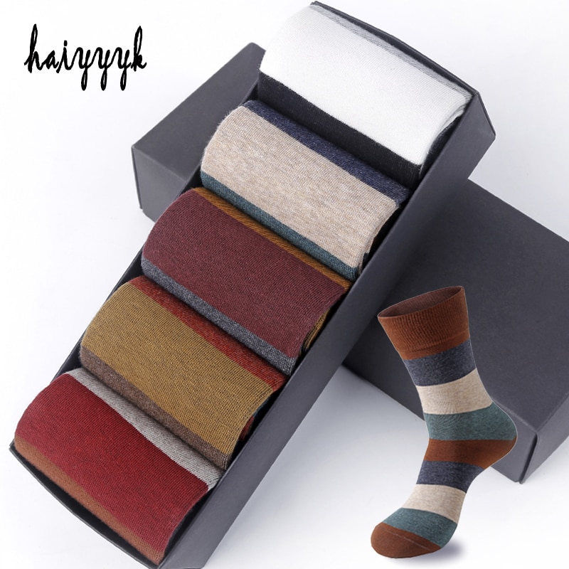 Men&#39;s Combed Cotton Socks Colorful Large Stripe Harajuku Four Seasons Casual Socks Men Size 39-44 5Pair/Lot