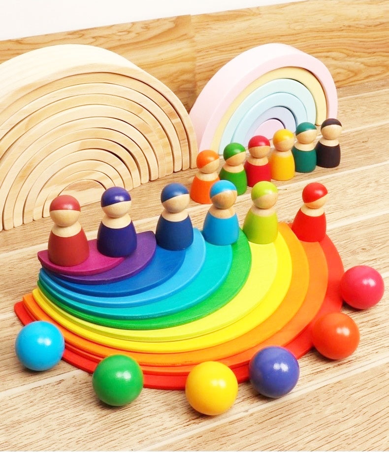 Kinderen Houten Rainbow Blokken Houten Ballen Poppen Rainbow Building Stapelen Blokken Montessori Kleur Sorteren Educatief Speelgoed