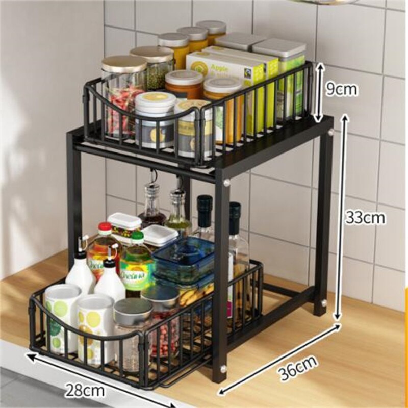 Drawer Organizer Kitchen Bathroom Storage Pull Out Under Sink Desktop Cabinet Basket: B Black L