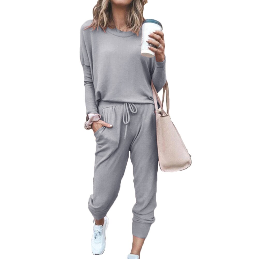 Blusa de manga larga y cuello redondo para mujer, pantalón con cordón, chándal deportivo, Otoño e Invierno: Light Gray / XXL