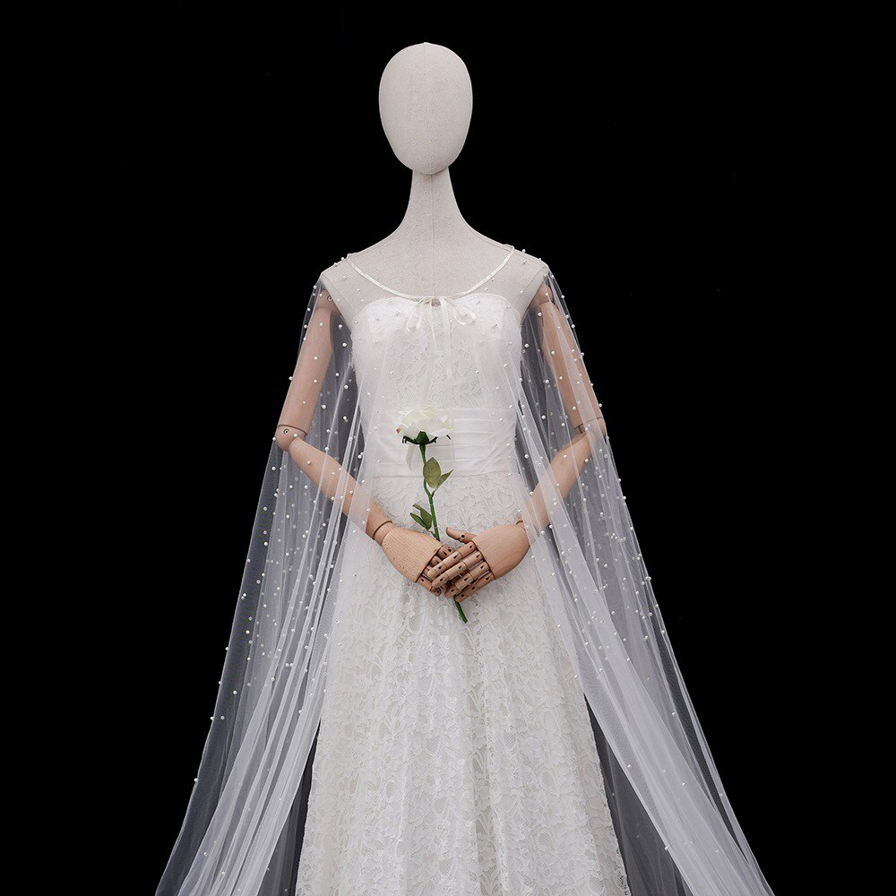 Envoltura de boda de tul con cuentas largas, envoltura nupcial de marfil con tren, longitud de la Catedral, capa nupcial