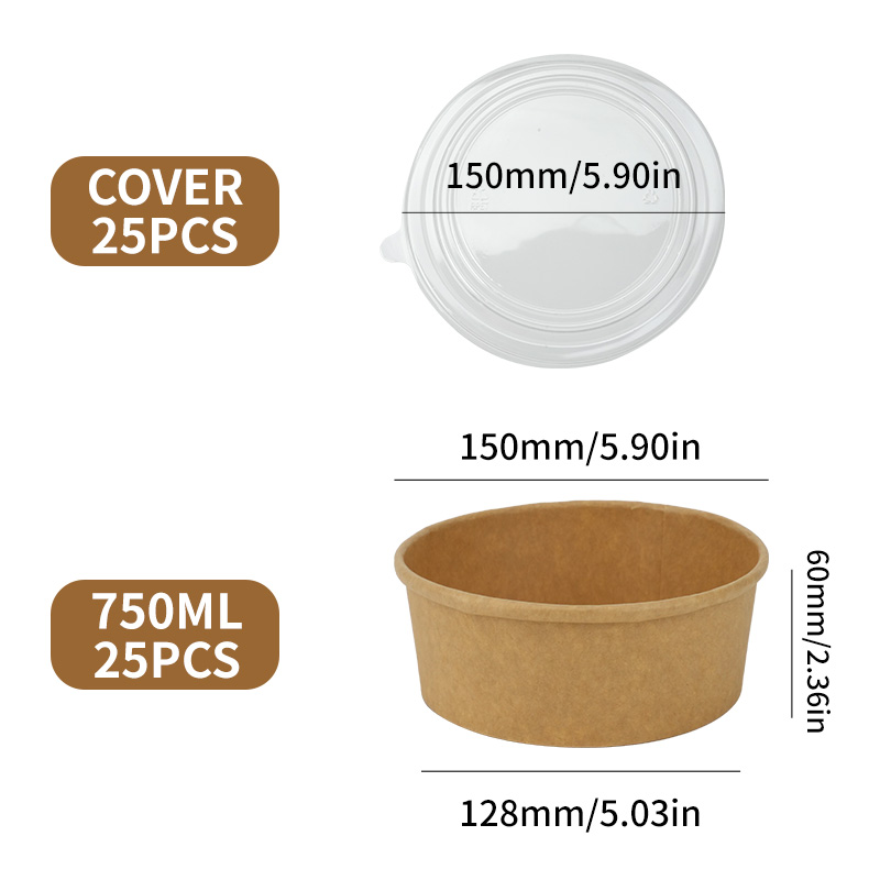 Cuencos de papel Kraft desechables, fiambrera Bento para llevar, cajas de comida con tapas, sopa, fideos, ensalada, contenedor de alimentos desechable, 25 uds.: BLANCO