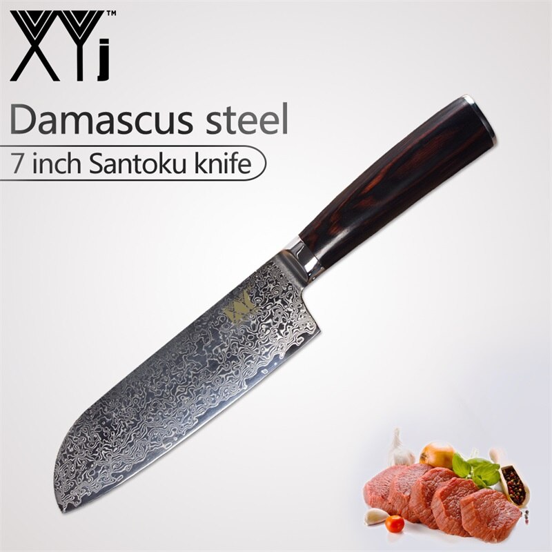 Xyj  vg10 damaskus stål køkkenknive tilbehør 73 lag japansk damaskus stålkniv køkken madlavningsværktøj: 7 tommer santoku kniv