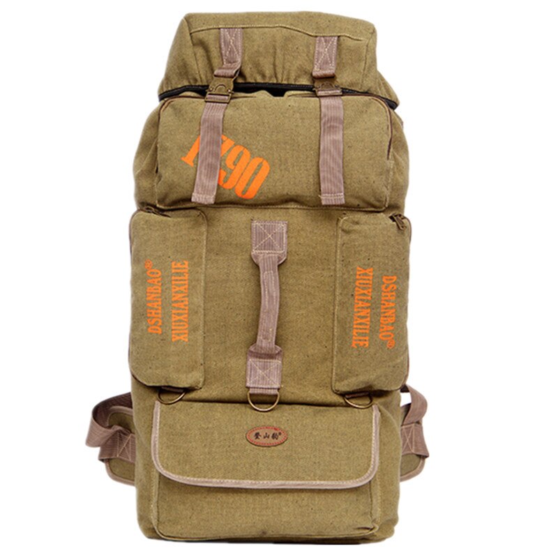 90l stor kapacitet mand udendørs camping rejser rygsække lærred stærk slidstærk rygsæk bagage tote taske: Khaki