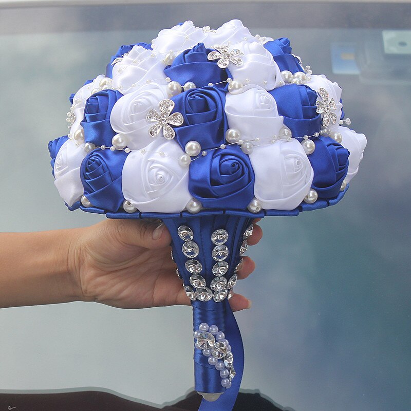 Janevini royal azul e branco cristal casamento bouquet diamante luxo frisado noiva flores fita de cetim rosa buquês de noiva 2020