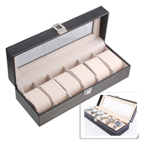 Caja de almacenamiento de cuero con 6 ranuras, organizador con ventana para relojes de pulsera LXH