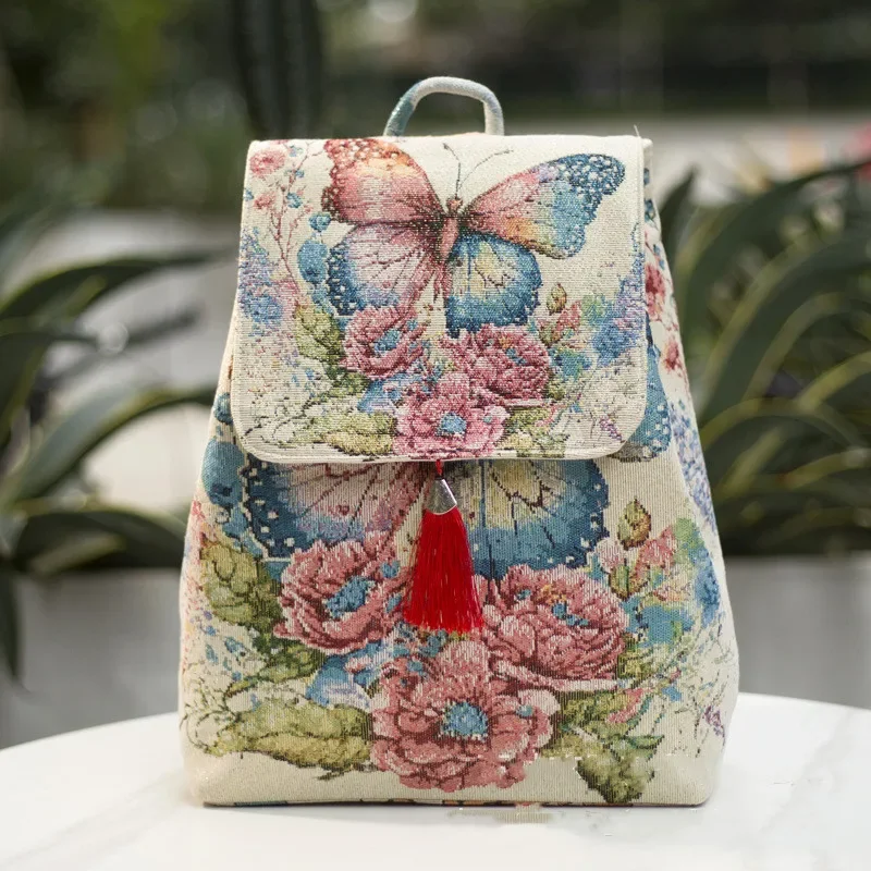 Sacs à dos brodés de style ethnique pour femmes, streetwear vintage, décontractée, sac de voyage Harajuku, sac en toile de sport: Lavande