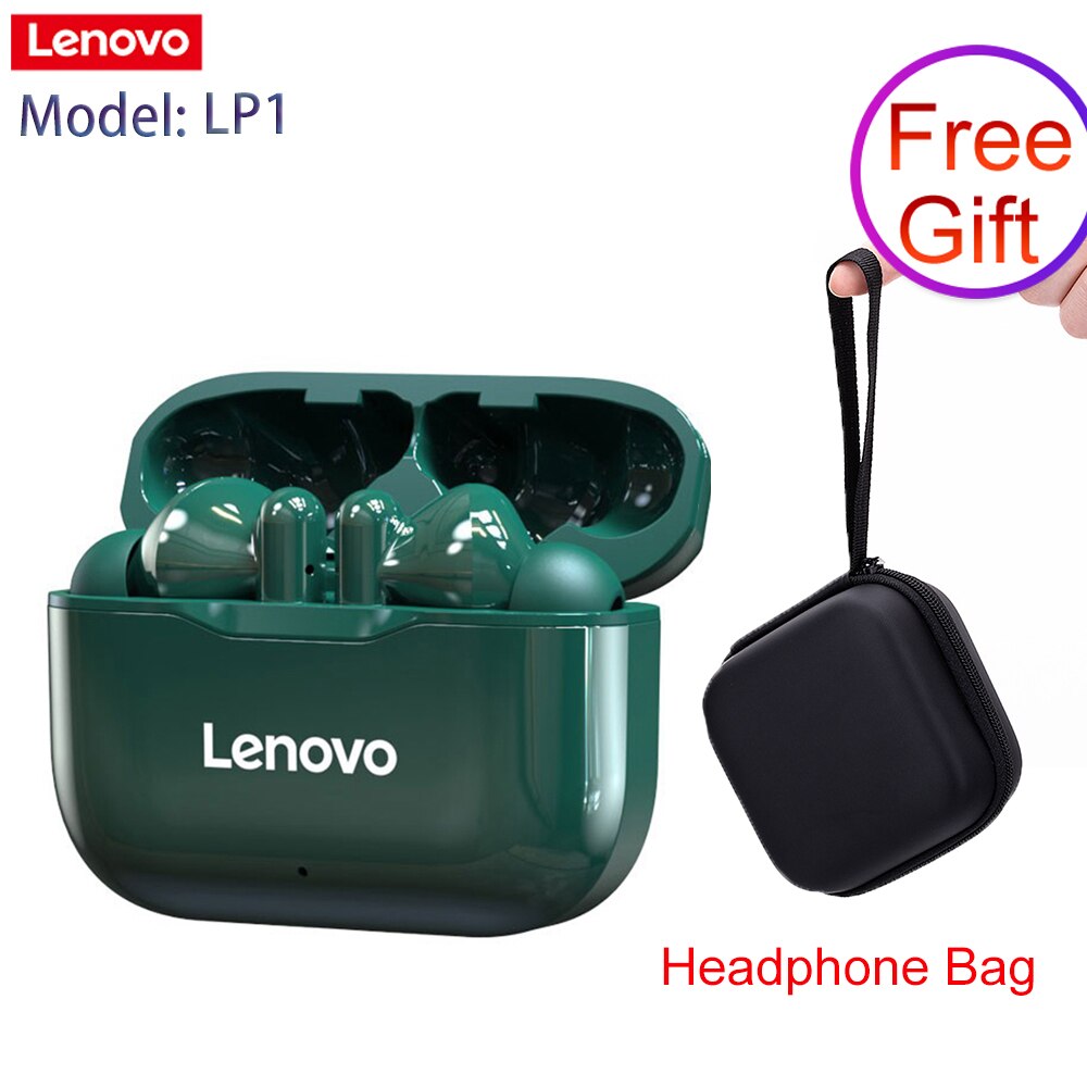 Lenovo LP1 TWS Wireless Earbuds BT5.0 True Wireless Headphones Dual Stereo Noise Reduction Bass Sport Headset with Mic 300mAh: Pure Green with Bag