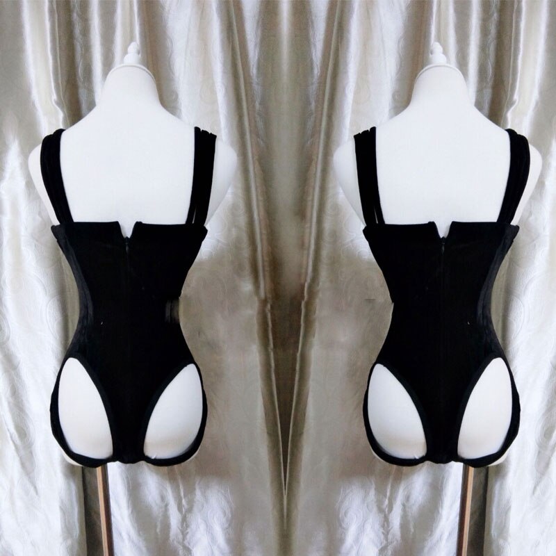 Velours noir strass body femmes hanche creuse justaucorps femme barre discothèque DJ DS GOGO danse scène fête Rave Costume