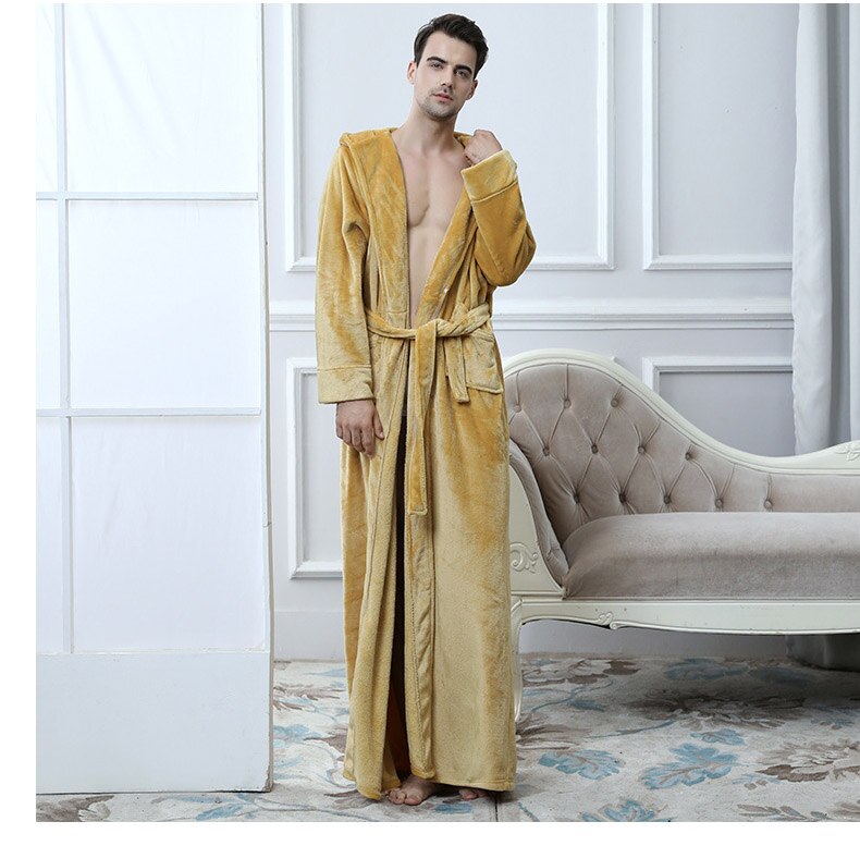 Wine red robe men's bathrobes pigiama home service Pyjamas Robe Camicia da notte flannel winter robe men hooded thick pajamas: yellow / XL