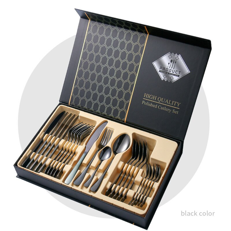 24 PCS Black Western Stainless Steel Dinnerware Cutlery Set Fork Knife Spoon Flatware Silverware Set Tableware Set: Black