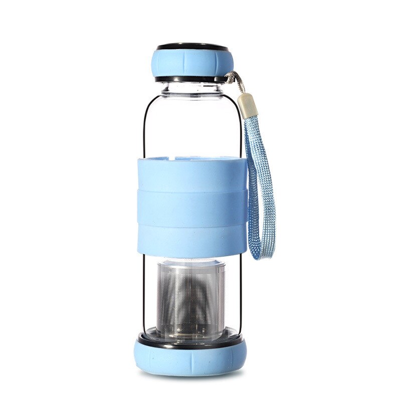 420ml ma cruche d'eau couvercle de citrouille bouteille d'eau en verre avec infuseur à thé Communication bidirectionnelle Anti-brûlure bouteille extérieure: Bleu