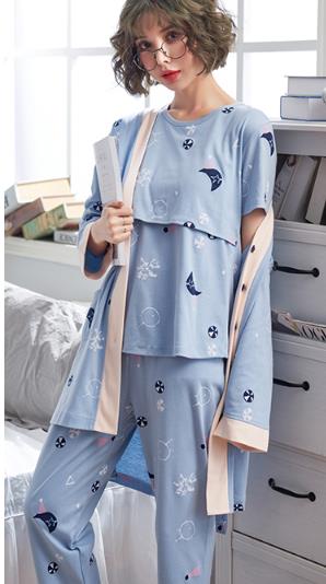Barsel ammende tøj bomuld langærmet nattøj ammende pyjamas 3 stk / sæt til gravide  d0039: Blå / M